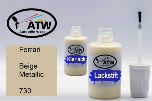 Ferrari, Beige Metallic, 730: 20ml Lackstift + 20ml Klarlack - Set, von ATW Autoteile West.